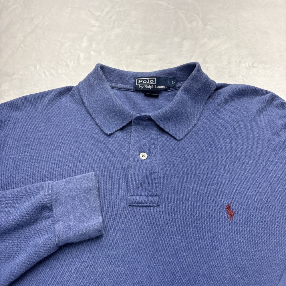 Vtg 90s Polo Ralph Lauren Long Sleeve Pique Polo Men's L Blue Old Money Preppy
